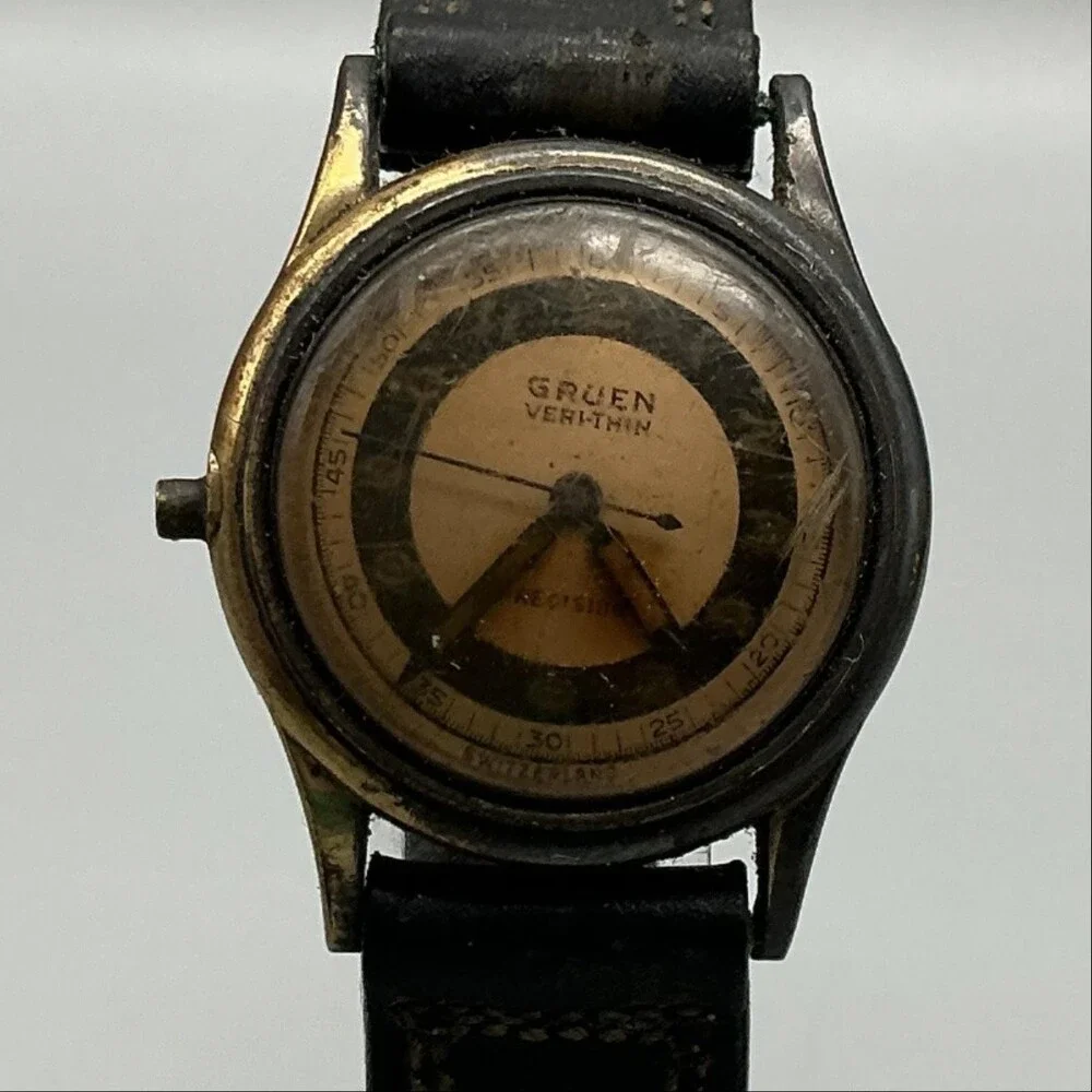 Vintage Gruen Veri-Thin Precision Mens Watch 28mm Gold Black Manual For Parts